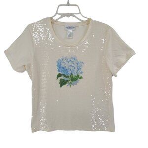 Catalog Favorites Short Sleeve Sequin Top Cream Floral Size L coastal grandma